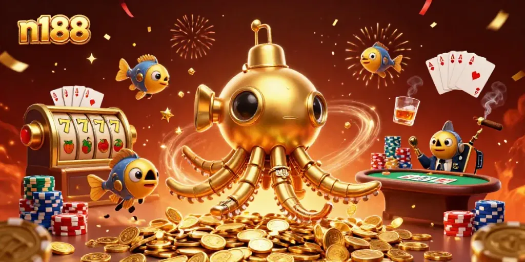 Immerse in n188's golden kraken submarine in a vibrant casino world with slot reels and poker action.