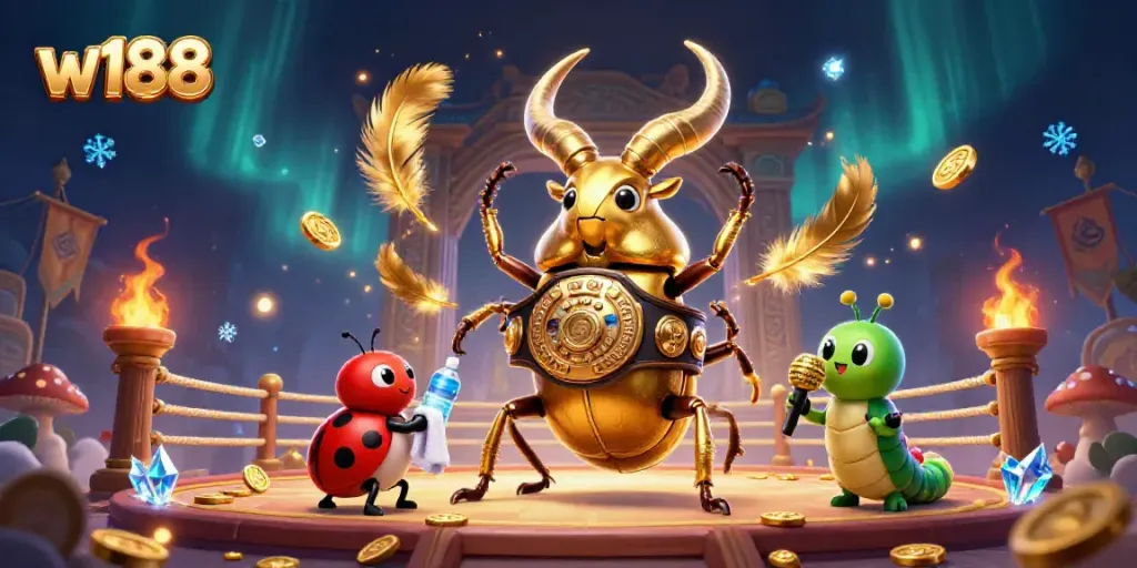 Witness the exciting battle in w188 online casino featuring a giant golden stag beetle and its team in a cinematic illustration.