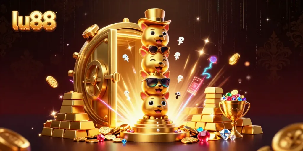 lu88 showcases a vibrant totem pole in a bustling casino scene filled with treasures.