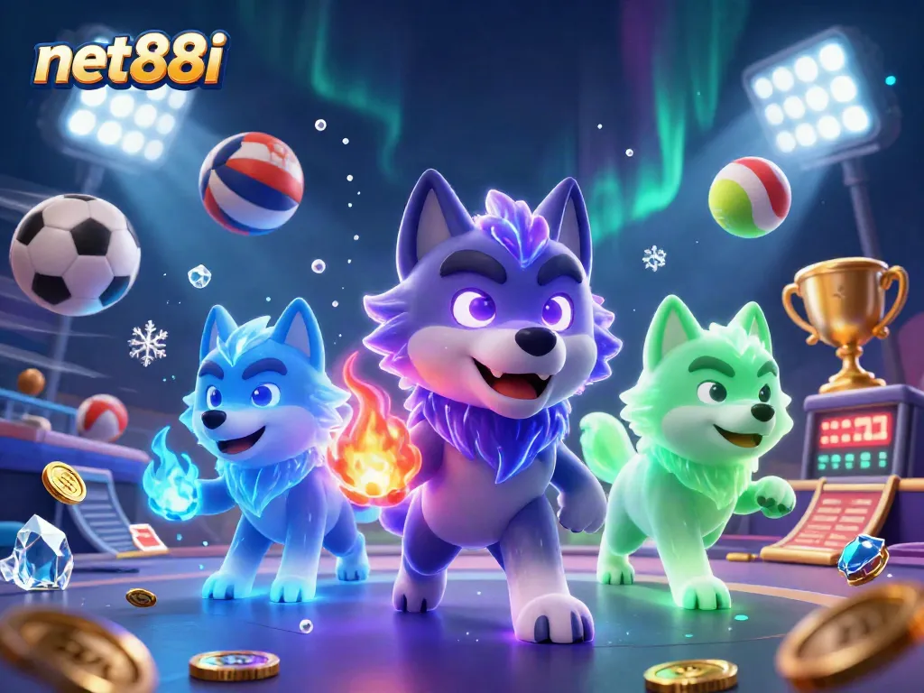 net88i transforms gaming with a vibrant scene of animated wolves, sports betting elements, and glowing ambiance