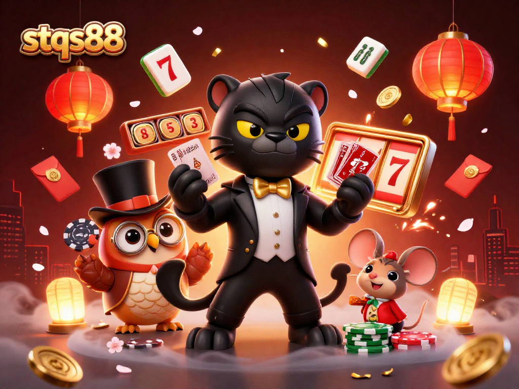 Experience the thrill of stqs88 as a stylish black panther deals cards in a vibrant casino scene.