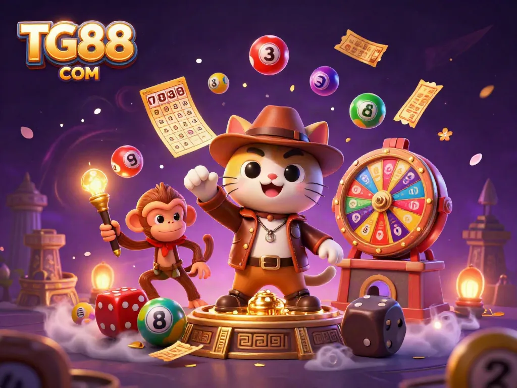 Engage with thrilling moments at TG88 COM in a vibrant 3D casino adventure filled with lottery balls, prizes, and excitement.