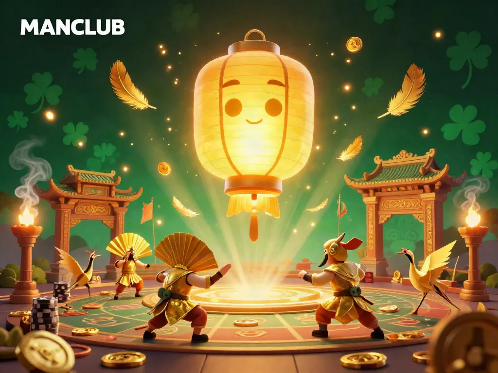 Engage in exciting gambling at MANCLUB with a vibrant 3D casino scene featuring golden lanterns and warriors.