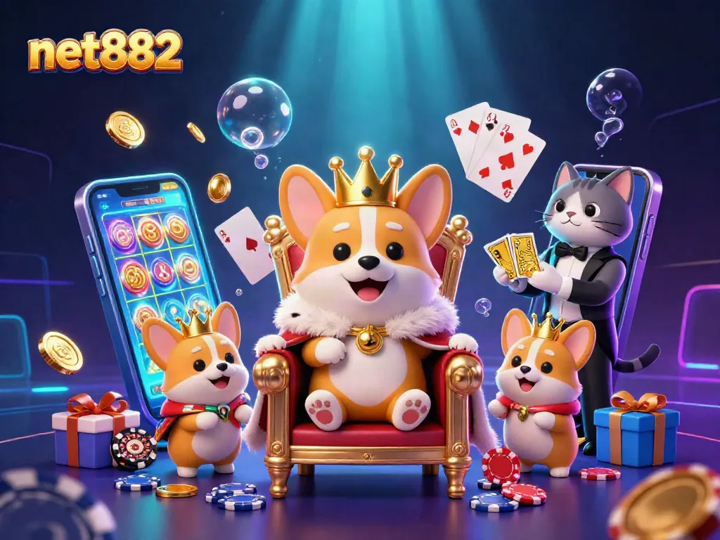 Experience the excitement of net882's vibrant 3D cartoon casino scene with corgis and slots.