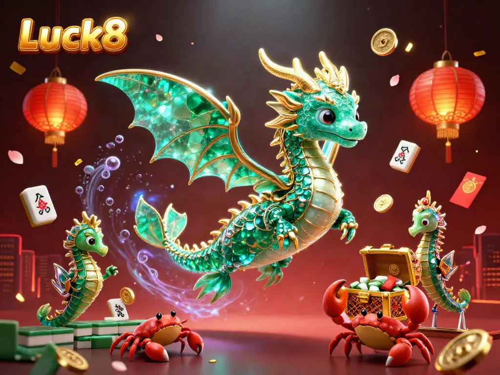 Luck8 showcases captivating 3D art with a sea dragon, royal seahorse, and treasures in a vibrant casino scene.
