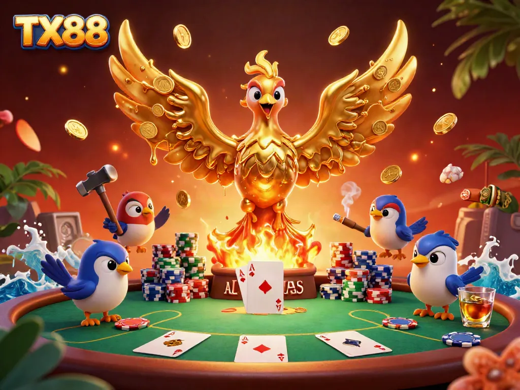 Experience the vibrant TX88 casino scene, where a phoenix of molten gold fills the air with excitement and riches.