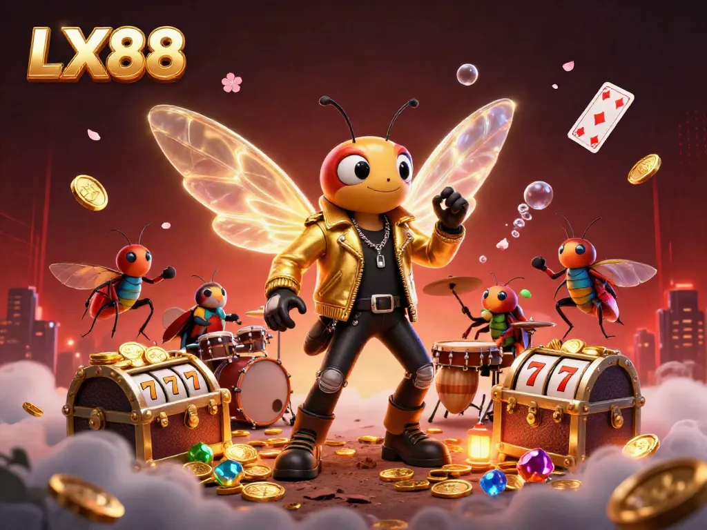 Experience vibrant gaming excitement with LX88, featuring a rock star cicada, treasure chests, and dynamic slot reels.