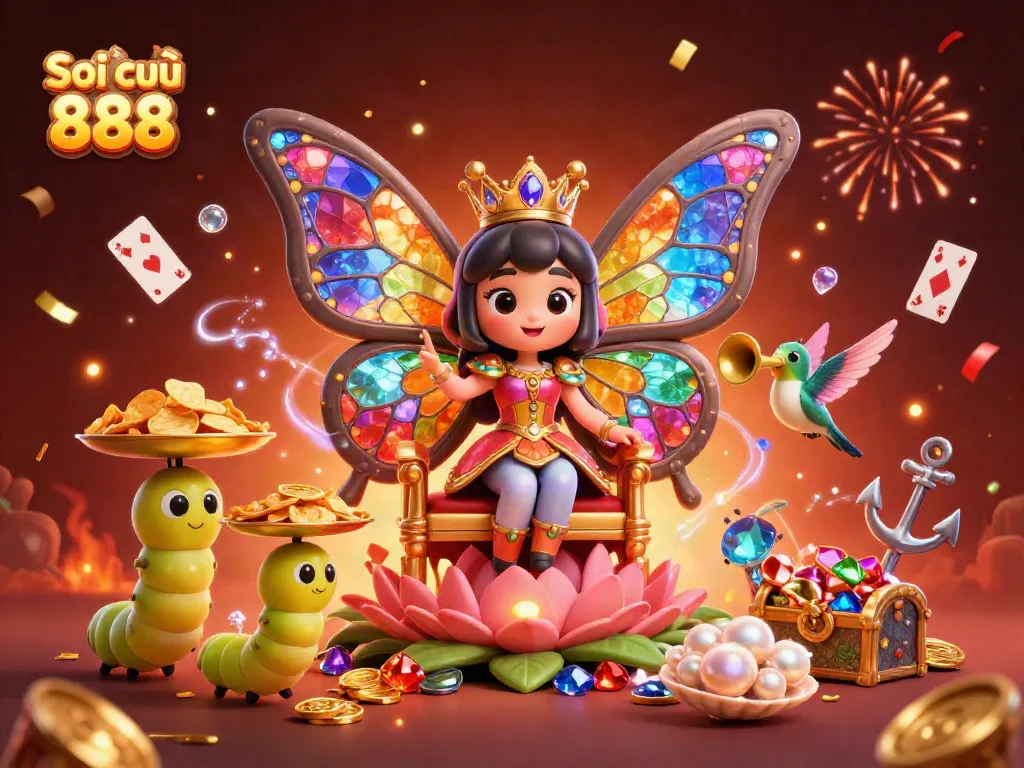 Experience Soi cầu 888 with our captivating illustration of a butterfly queen surrounded by treasures and chips, capturing the essence of lottery excitement.