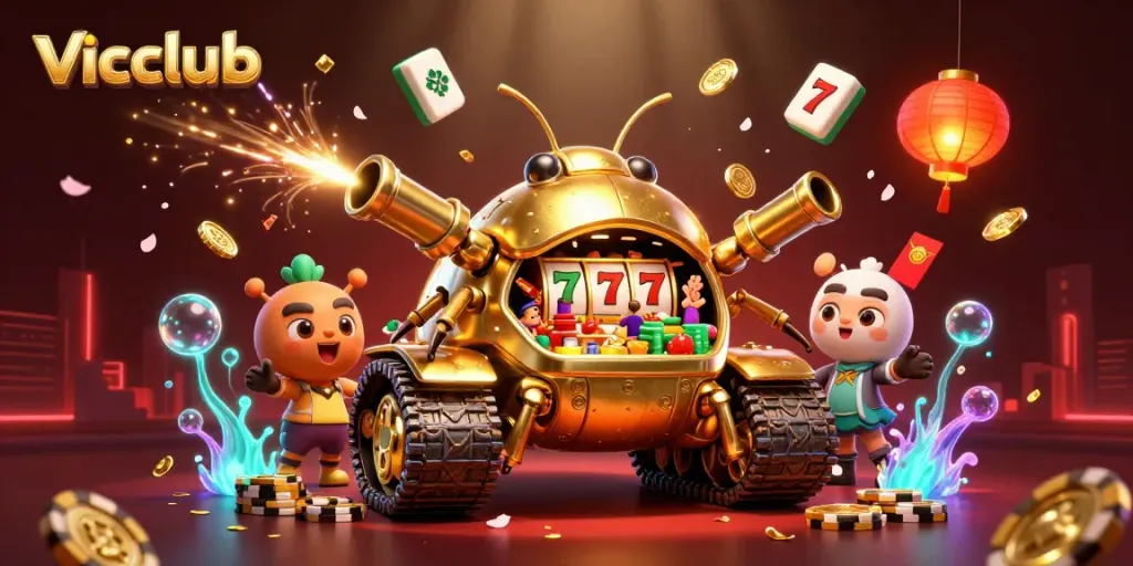 Engage in thrilling gameplay at vicclub with a golden beetle tank casino illustration.