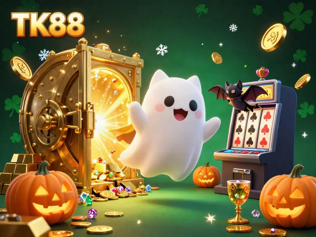 Experience the thrill of jackpots with TK88 in this lively casino scene featuring a ghost cat and vampire bat.