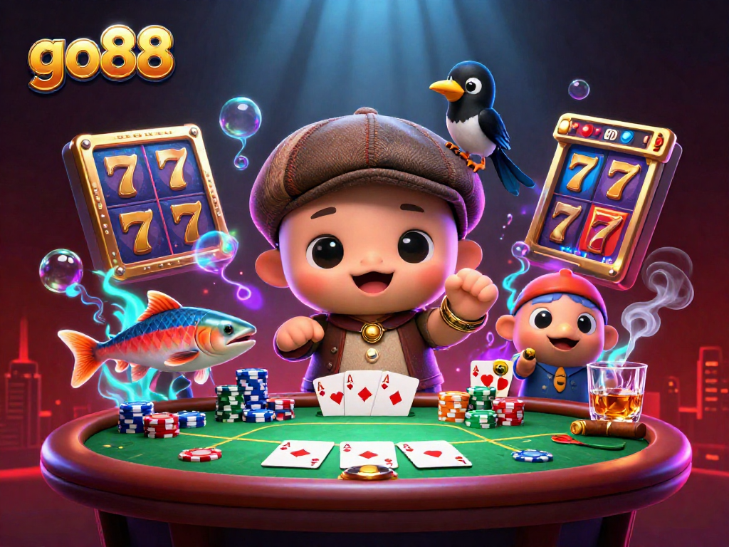 Engage in thrilling gameplay with go88's vibrant slot reels and unique characters in a dynamic scene.