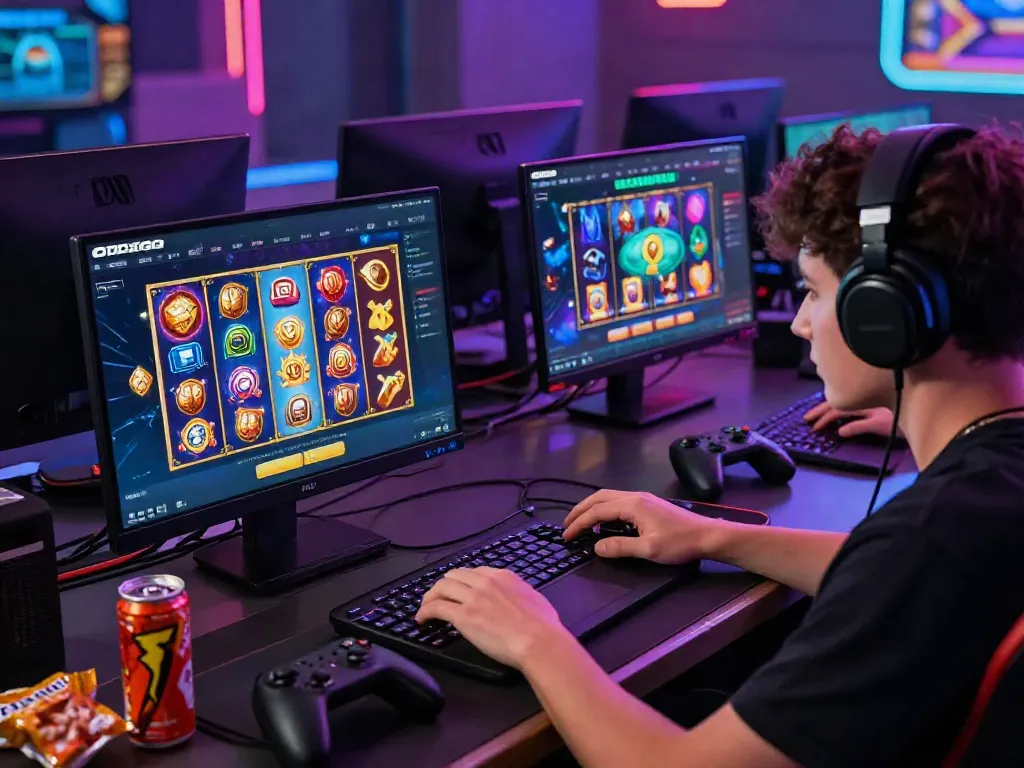 Engaging gaming scene featuring a user exploring situs slot gacor on ODDIGO platform, with vibrant game visuals and dynamic atmosphere.