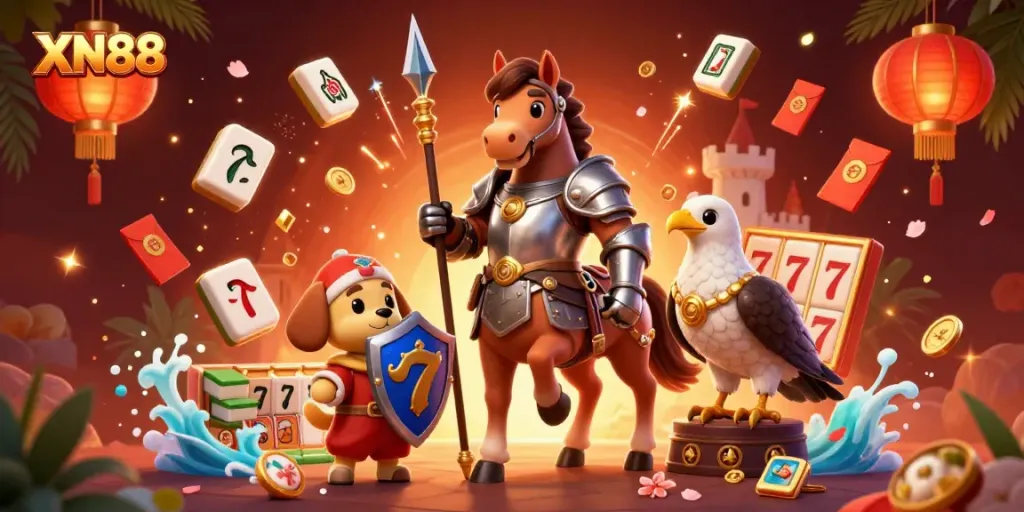 XN88 casino illustration with a knight and colorful gaming elements like slot reels and lanterns.