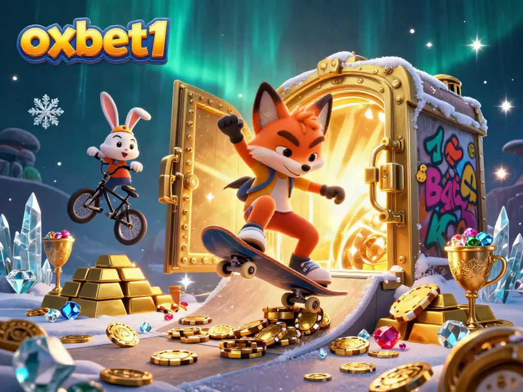 Experience thrilling gaming action at oxbet1 with a vibrant 3D casino illustration featuring fox and rabbit characters.