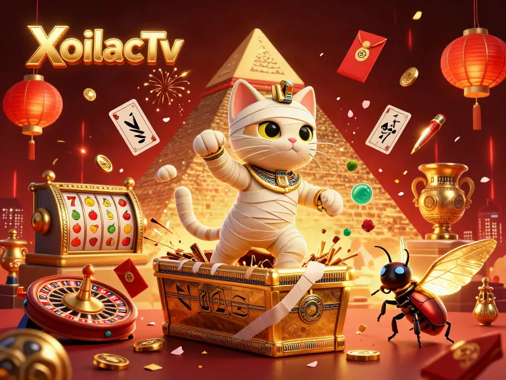 XoilacTv showcases a vibrant 3D illustration of a mummy cat in a bustling casino, engaging in high-stakes action.