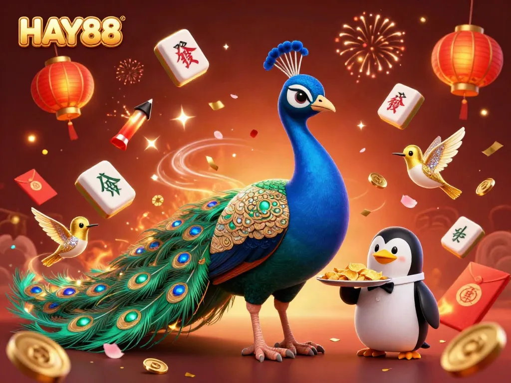 Experience HAY88 excitement with a vibrant casino illustration featuring a peacock, penguin, and hummingbird.