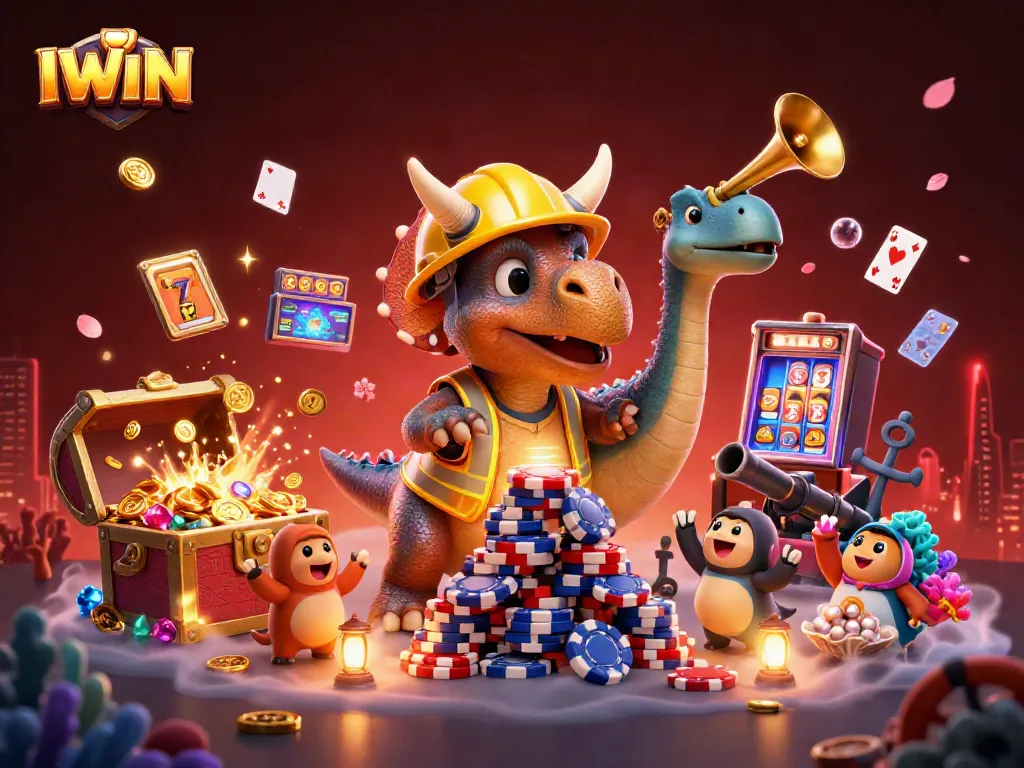 IWIN casino-themed 3D scene with a triceratops building poker chips and exciting game elements.