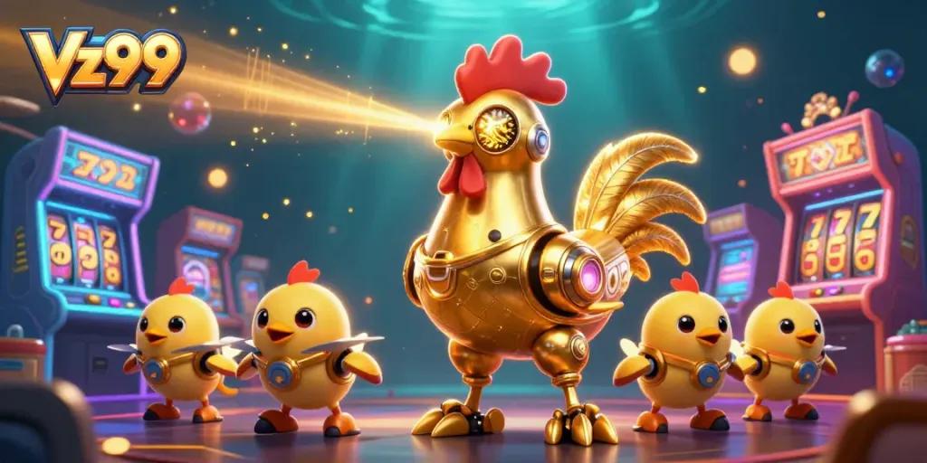 Engage with the vibrant Vz99 casino scene, featuring a robot rooster and baby chick drones amid colorful slot machines.