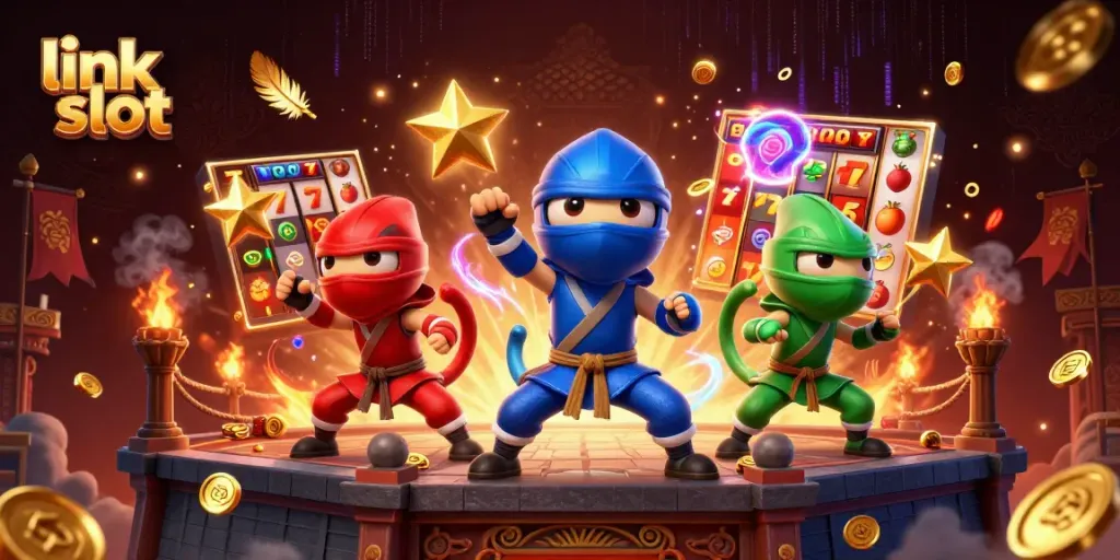 Spin exciting link slot action with colorful chameleon ninjas and vibrant casino elements.