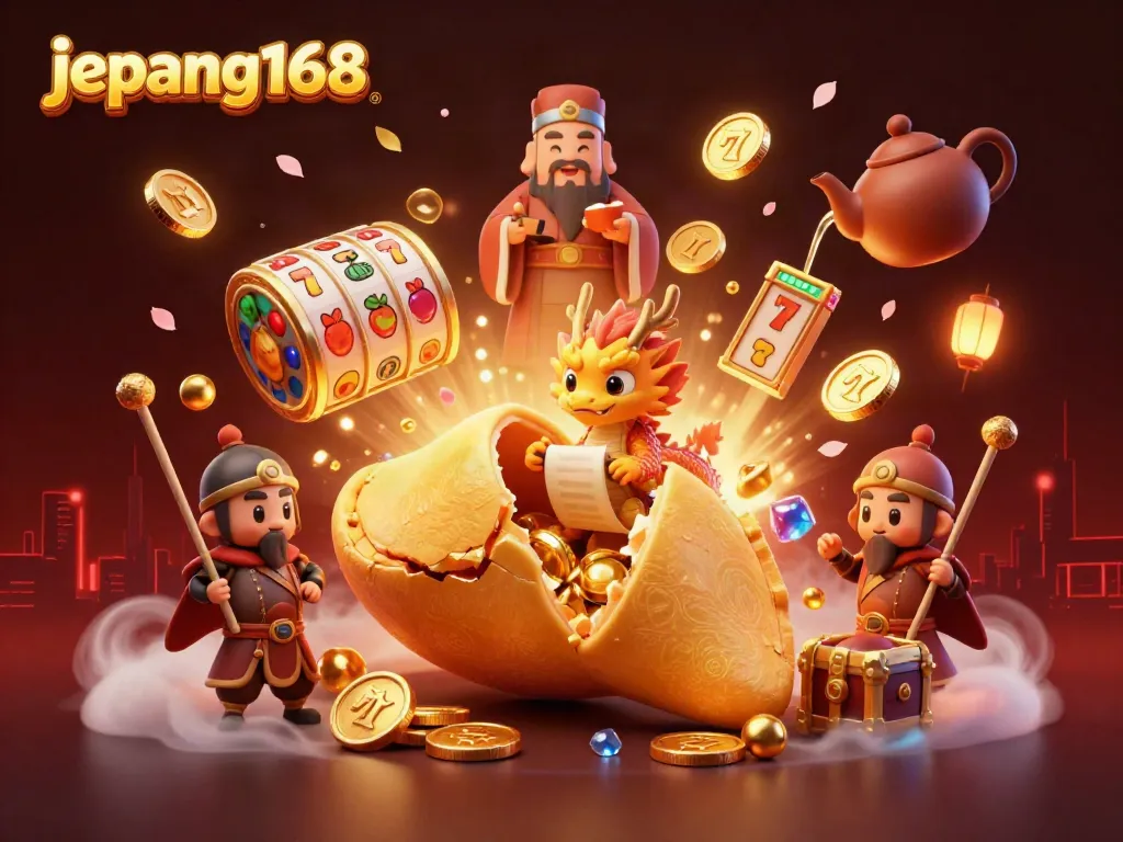 Engage with the jepang168 scene showcasing a golden fortune cookie and dragon amidst a vibrant casino adventure.