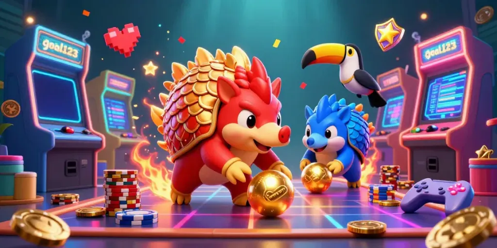 Compete with goal123 in a vibrant 3D scene featuring cartoon pangolins and casino elements for an engaging gambling experience.