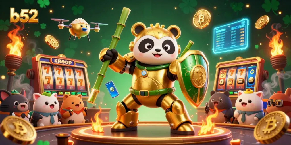 Engage in the thrill of b52 as the panda battles in a vibrant casino with casino elements and neon crypto details.