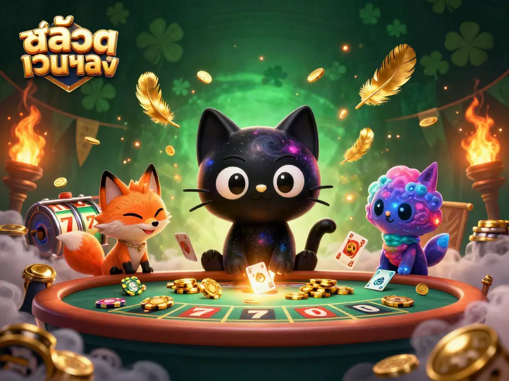 Engage in the cosmic fun of สล็อตเว็บตรง with a dynamic casino scene featuring a black hole cat and a vibrant nebula fox.