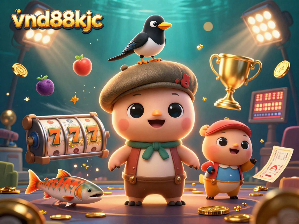 Engage in vibrant casino action with vnd88kjc, featuring lively characters and slot elements.