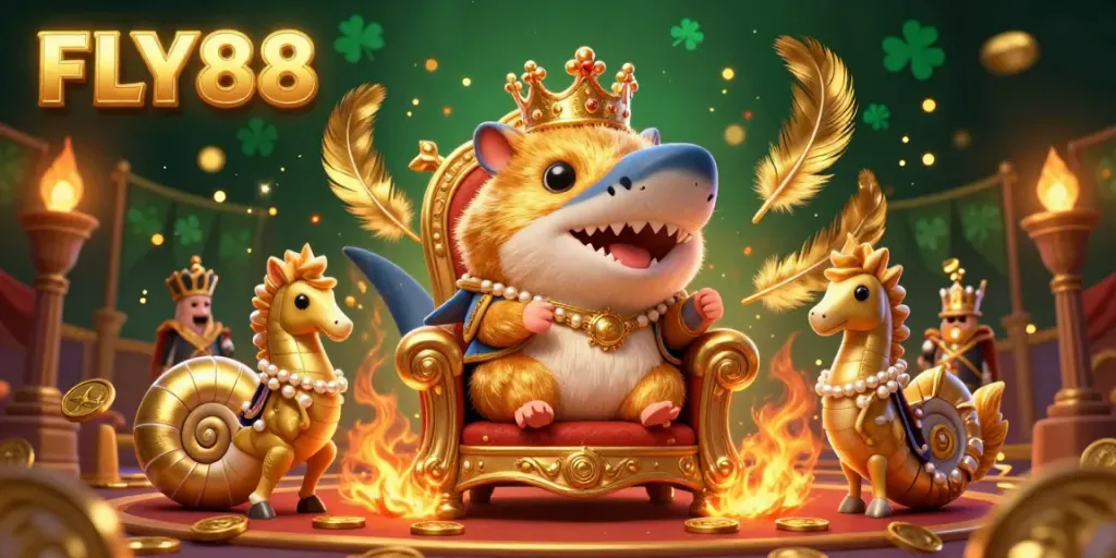 Engage with thrilling gameplay at FLY88, featuring a golden hamster king in a vibrant casino scene.