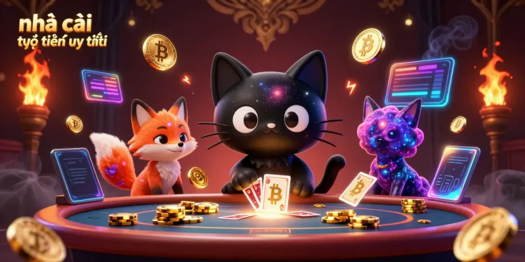 Experience the thrill of nhà cái trực tuyến uy tín with a cartoon cat pulling in casino chips in a cosmic setting.