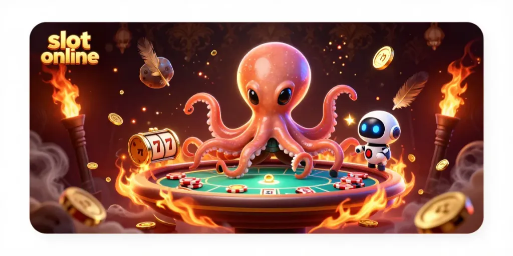 Experience the thrill of slot online with an alien octopus and its robot friend spinning holographic reels.