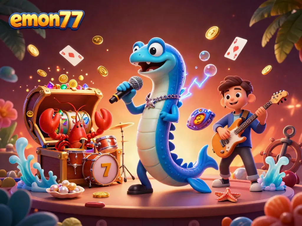 Experience the vibrant underwater casino scene with emon77, featuring an electric eel DJ, lobster drummer, and seahorse guitarist amid treasures.