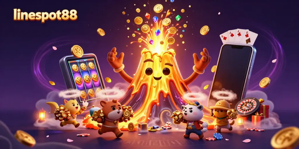 Experience the thrill of lineslot88 with a vibrant scene of a golden volcano, coins, and a slot game.