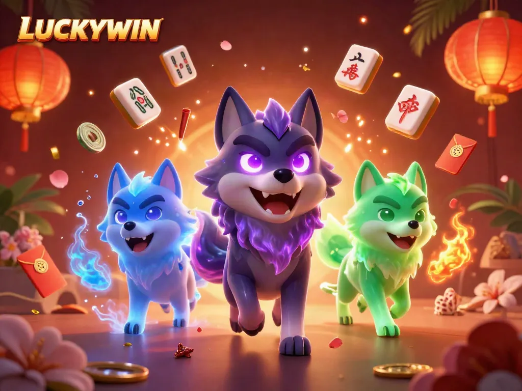 LUCKYWIN features glowing wolves in a vibrant casino atmosphere, perfect for gamers.