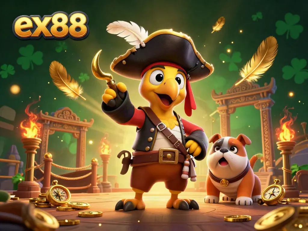 Engage with the vibrant world of ex88 through a thrilling casino scene featuring pirate characters and golden treasures.