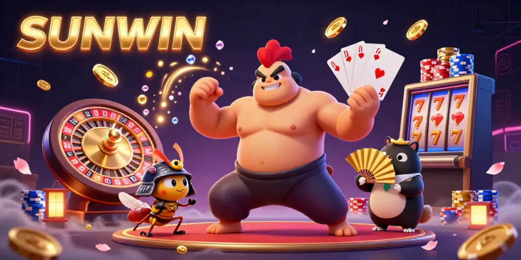 Engage with SUNWIN's vibrant casino world featuring a dynamic cartoon scene with sumo wrestlers, cricket, and colorful casino elements.