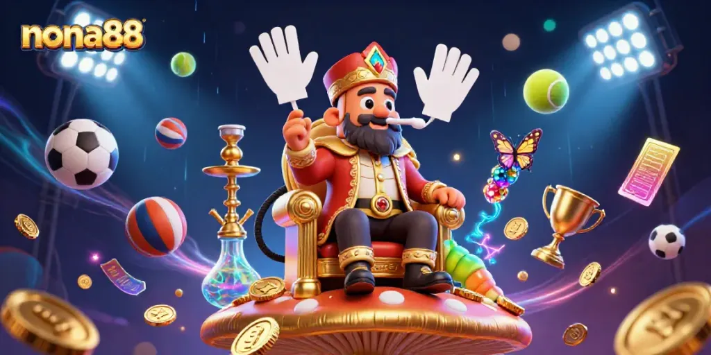Experience the thrill of nona88 with a vibrant 3D illustration capturing casino excitement.
