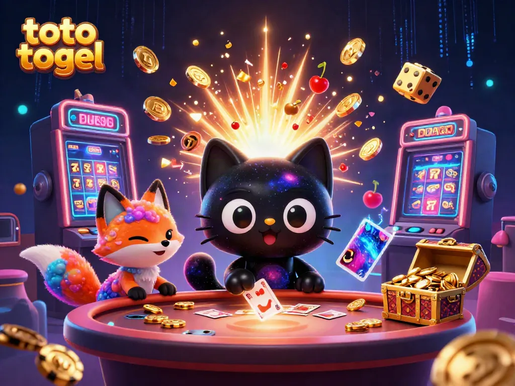 Menyaksikan toto togel dengan kucing hitam 3D dan rubah nebula di meja kasino kosmik penuh koin berkilau.