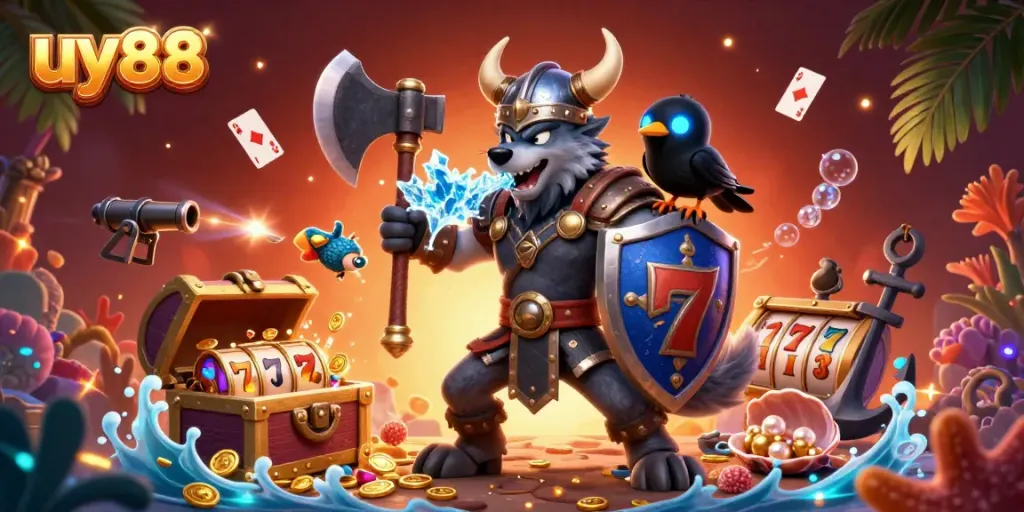 Experience thrilling gameplay at uy88 with a Viking warrior, fierce dragon, and vibrant casino elements.