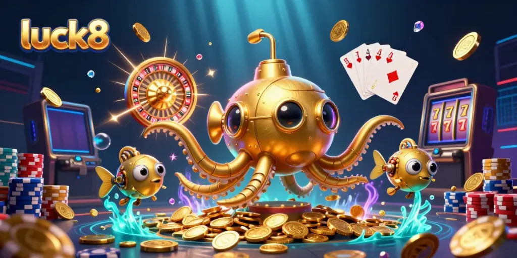 Experience luck8 with a vibrant underwater scene of a kraken submarine amidst cascading coins and gems.