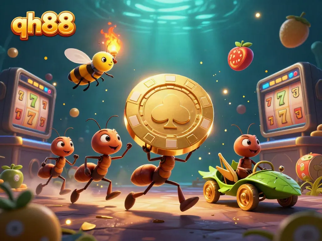 Join the fun at qh88 with 3D cartoon ants heisting a giant poker chip in a lively casino scene.