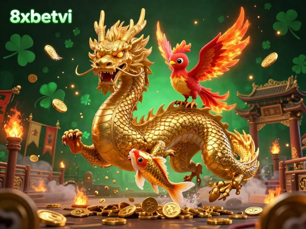 Experience thrilling wins at 8xbetvi with this vibrant casino-themed illustration showcasing mythical creatures and game elements.