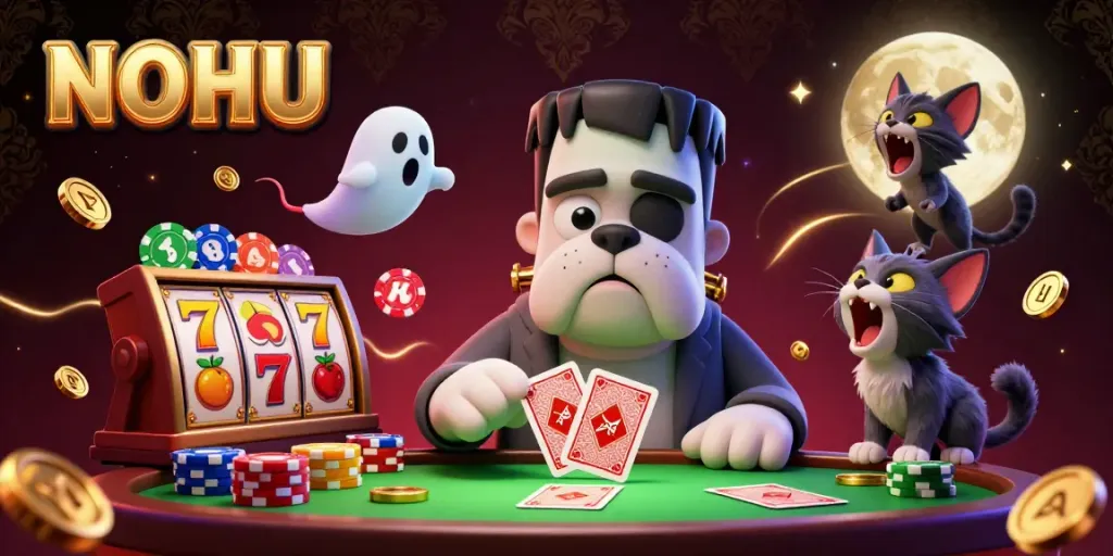 NOHU offers thrilling jackpot gameplay featuring dynamic characters dealing cards at a colorful slot machine.