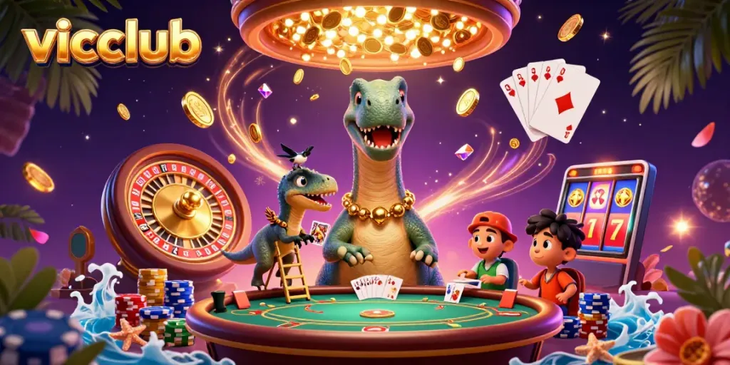 Spin the roulette wheel at vicclub while enjoying a vibrant casino experience with animated characters!