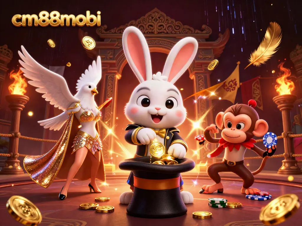 Experience the magic of cm88mobi with a cartoon magician rabbit and vibrant casino elements.