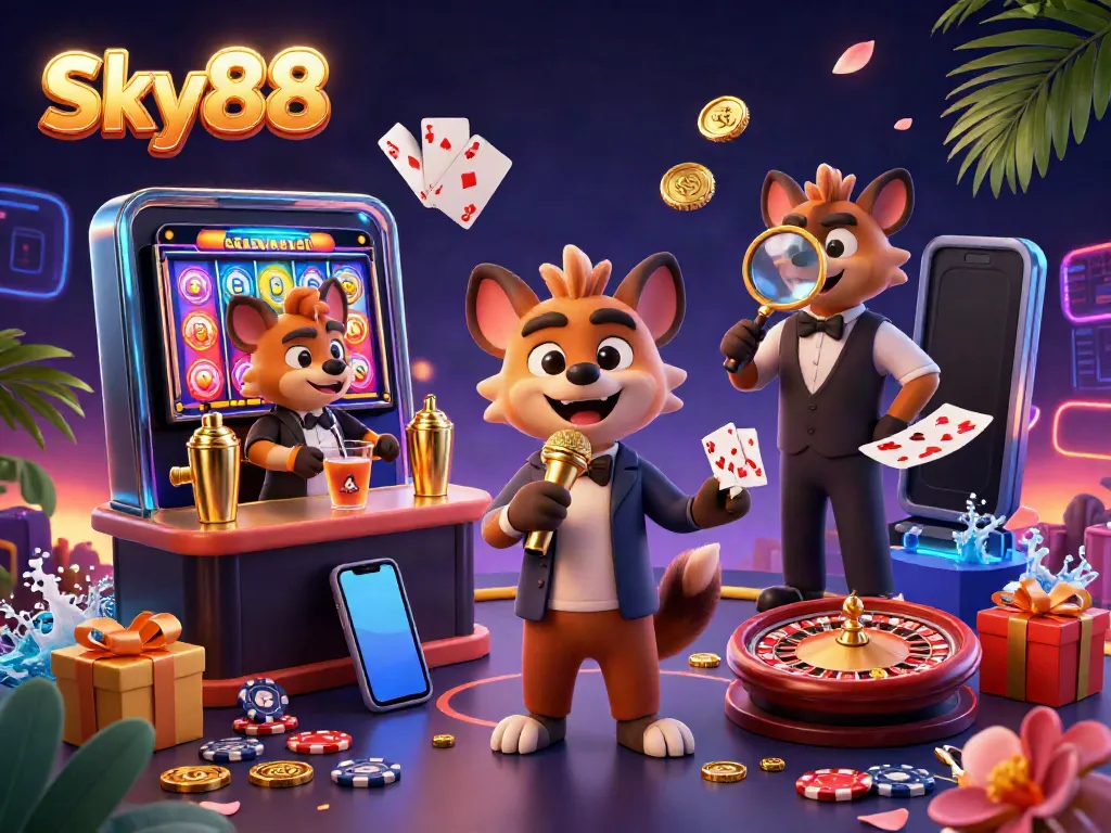 Sky88 hyenas create excitement in a casino comedy club scene with vibrant games and golden elements.