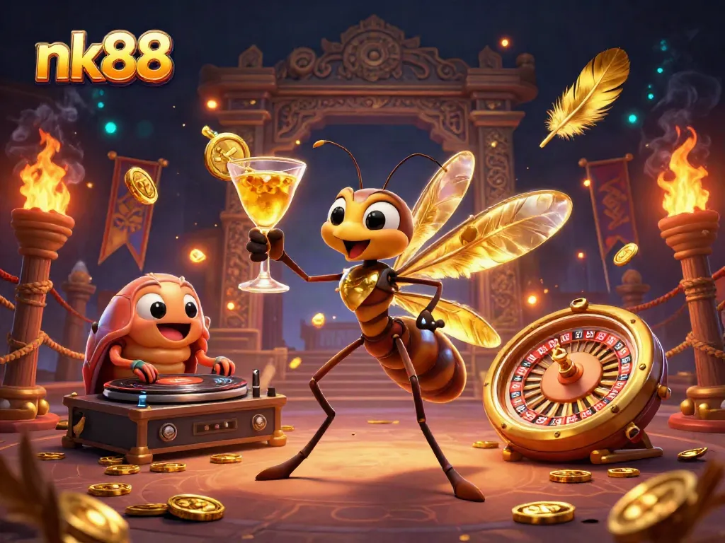 Join nk88's thrilling gaming adventure with a lively mascot, DJ, and roulette wheel!