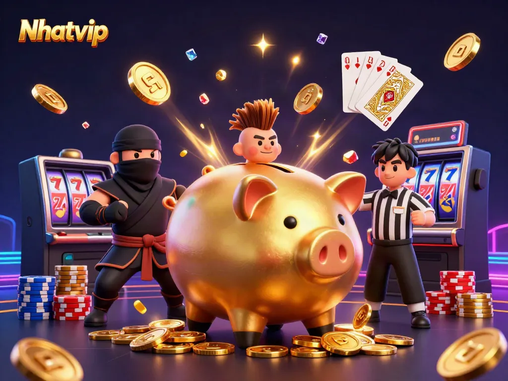 Nhatvip summons dynamic action with a powerful piggy bank sumo wrestler surrounded by sparkling coins and game elements.