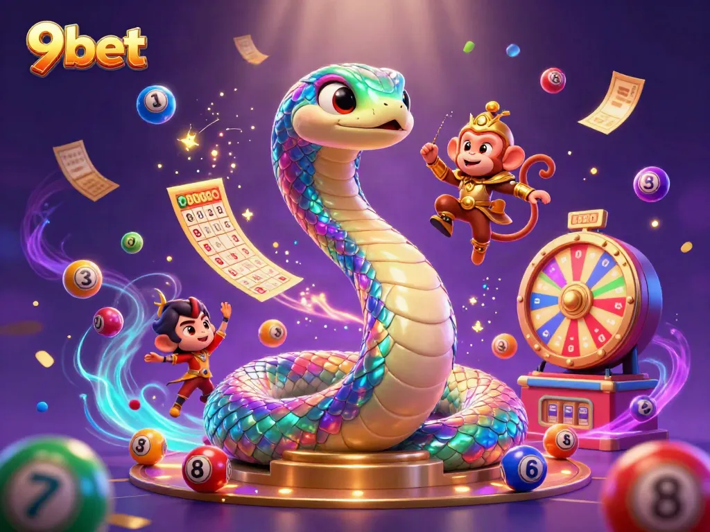 Experience the excitement of 9bet's live casino with vibrant lottery elements in a magical scene.