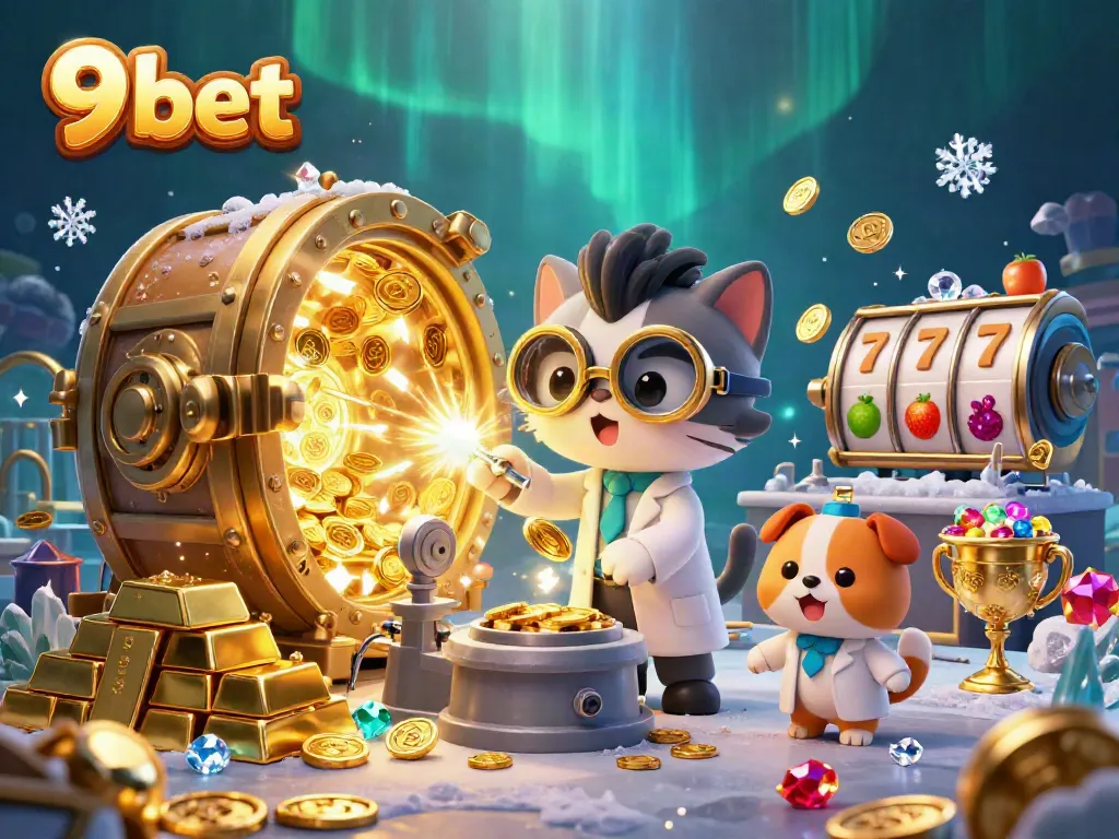 Engage with 9 bet's vibrant casino world featuring cartoon characters, gold coins, and dynamic gaming elements.